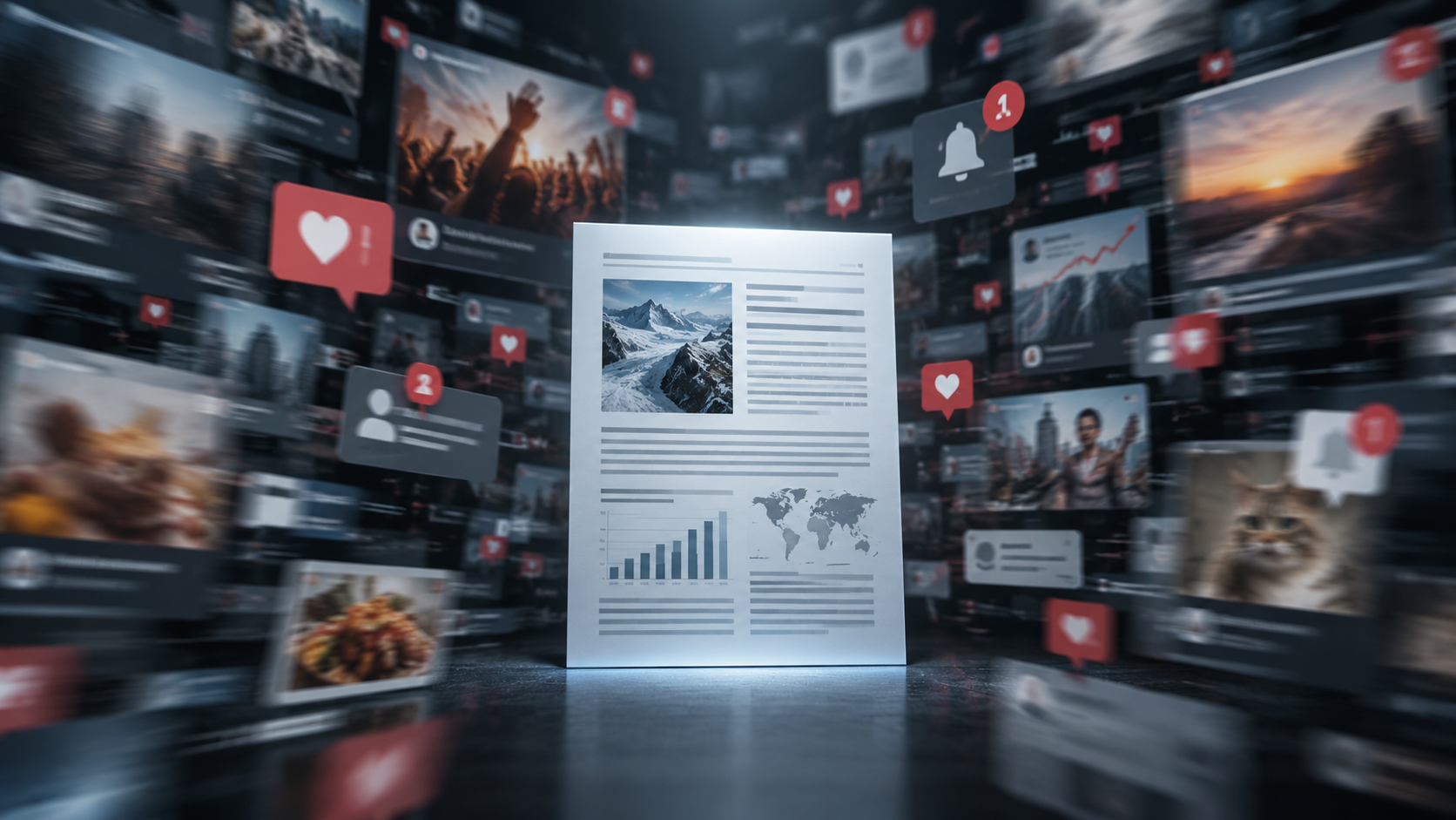 A clear evidence-based document surrounded by blurred social-media posts and reaction notifications