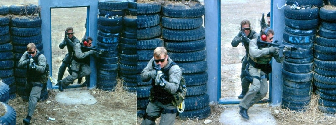 Two frames of a CQB training team moving through a doorway at an outdoor training facility.
